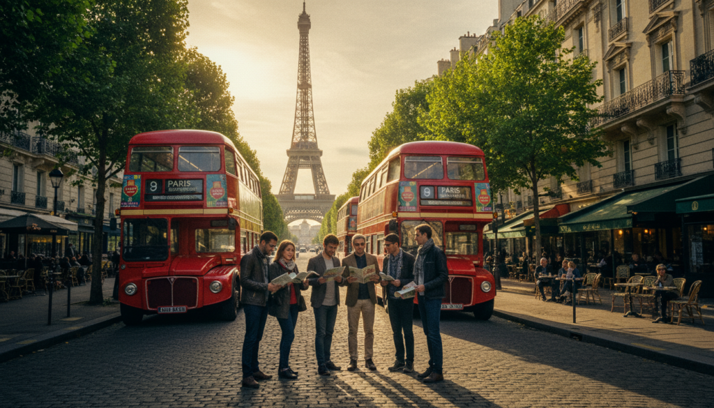 A vibrant scene showcasing two iconic red double-decker buses parked side by side in a picturesque Parisian street, with the Eiffel Tower visible in the background, bathed in warm, golden late afternoon sunlight. In the foreground, a small group of tourists is engaged in lively discussion, dressed in smart casual clothing, comparing brochures and pointing at the buses. The middle ground features lush green trees lining the street, with nearby cafes bustling with patrons enjoying their drinks. The background captures the classic Parisian architecture, with ornate balconies and charming facades. The atmosphere is lively yet relaxed, inviting viewers to experience the excitement of exploring the city on a red bus tour. Shot in 8k resolution with cinematic lighting for highly detailed textures.