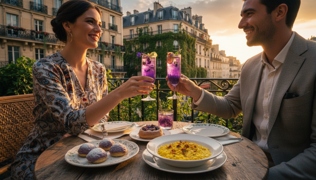 A vibrant scene showcasing unusual food and drink experiences in Paris, featuring a rustic outdoor café table adorned with a variety of unique dishes: bright yellow saffron risotto, lavender-infused pastries, and a striking purple cocktail garnished with edible flowers. In the foreground, a stylishly dressed couple enjoys their meal, both in elegant casual attire, with smiles and excitement on their faces. The middle ground has picturesque Parisian architecture, including iconic wrought-iron balconies and lush green plants cascading down. The background captures the soft glow of a Parisian sunset, casting warm, cinematic lighting over the scene. The image is highly detailed, with textures that bring the food to life, all in stunning 8k resolution, evoking a delightful atmosphere of culinary adventure in the heart of the city. A vibrant scene showcasing unusual food and drink experiences in Paris, featuring a rustic outdoor café table adorned with a variety of unique dishes: bright yellow saffron risotto, lavender-infused pastries, and a striking purple cocktail garnished with edible flowers. In the foreground, a stylishly dressed couple enjoys their meal, both in elegant casual attire, with smiles and excitement on their faces. The middle ground has picturesque Parisian architecture, including iconic wrought-iron balconies and lush green plants cascading down. The background captures the soft glow of a Parisian sunset, casting warm, cinematic lighting over the scene. The image is highly detailed, with textures that bring the food to life, all in stunning 8k resolution, evoking a delightful atmosphere of culinary adventure in the heart of the city.