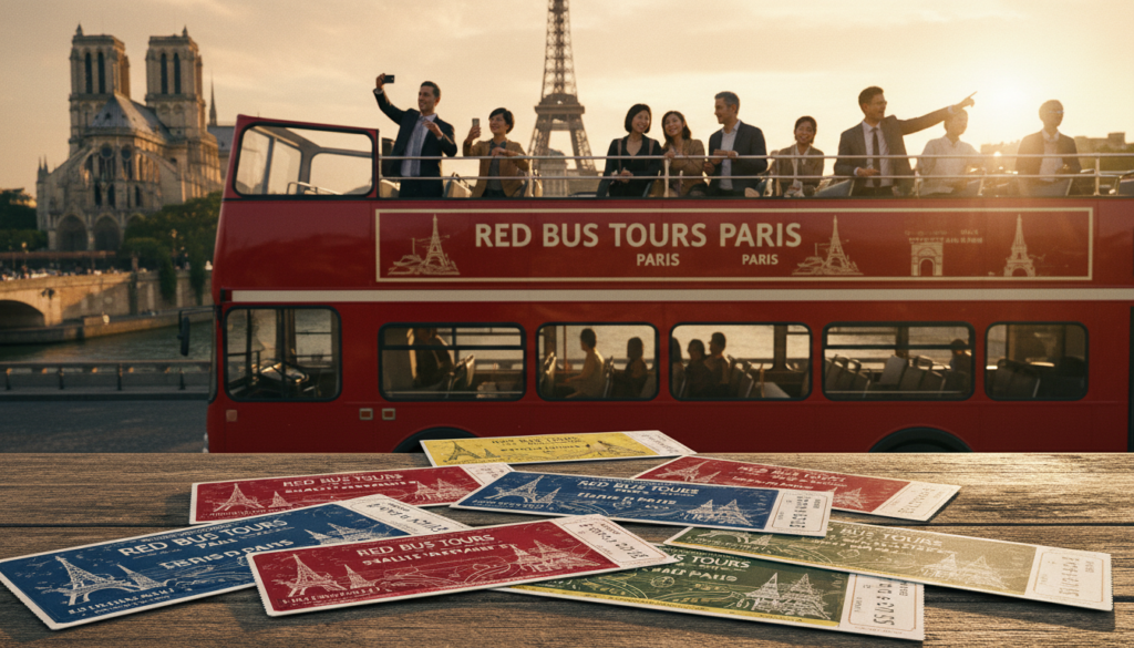A vibrant scene showcasing various ticket types and passes for Red Bus Tours in Paris. In the foreground, an assortment of colorful bus passes and tickets laid out on a rustic wooden table, with intricate designs and authentic Parisian imagery. In the middle, a stylish red double-decker tour bus can be seen with tourists dressed in professional business attire and modest casual clothing taking photos and enjoying the view. The background reveals iconic Paris landmarks like the Eiffel Tower and the Notre-Dame Cathedral, bathed in warm, golden hour sunlight that highlights the rich textures of the scene. The image should have a cinematic feel with detailed, high-resolution visuals, captured with a shallow depth of field to emphasize the ticket options while keeping the bustling city alive behind.