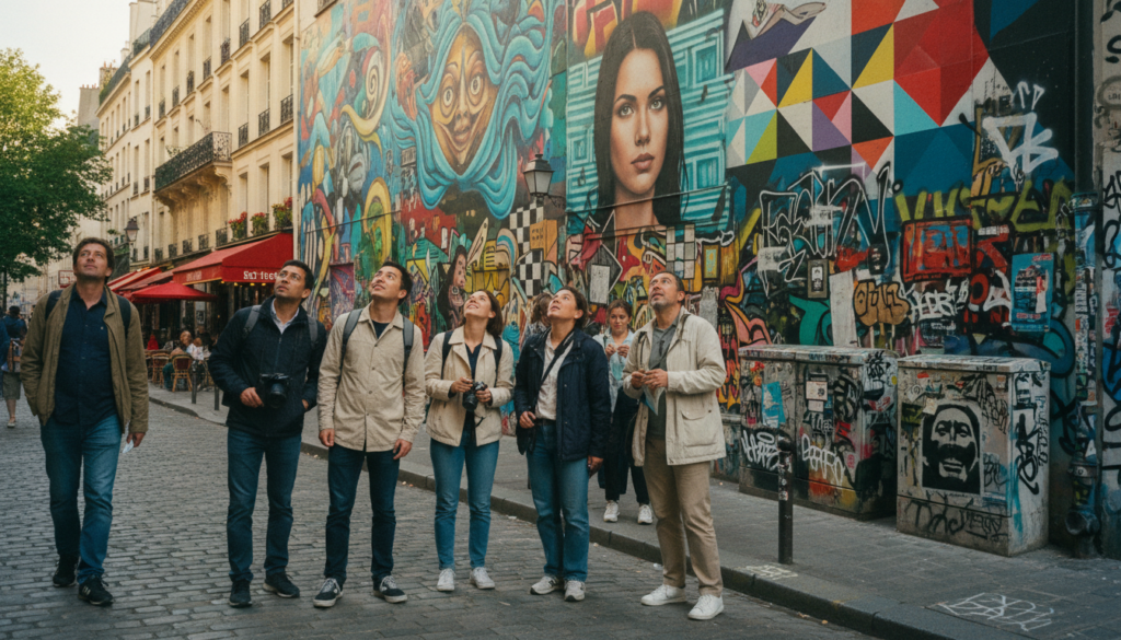 A vibrant street art and graffiti scene in Belleville, Paris, showcasing colorful murals and intricate wall paintings. In the foreground, a diverse group of tourists, dressed in modest casual clothing, explores the area with expressions of wonder and excitement. The middle of the image features an array of stunning street art, with styles ranging from abstract to photorealistic, adding dynamic energy. In the background, the charming Parisian architecture peeks through, with quaint cafés and tree-lined streets creating a warm atmosphere. The lighting is soft and cinematic, capturing the essence of late afternoon sun filtering through the alleyways. The overall mood is lively and artistic, highlighting the unique cultural tapestry of this Parisian neighborhood, rendered in highly detailed textures and 8k resolution. A vibrant street art and graffiti scene in Belleville, Paris, showcasing colorful murals and intricate wall paintings. In the foreground, a diverse group of tourists, dressed in modest casual clothing, explores the area with expressions of wonder and excitement. The middle of the image features an array of stunning street art, with styles ranging from abstract to photorealistic, adding dynamic energy. In the background, the charming Parisian architecture peeks through, with quaint cafés and tree-lined streets creating a warm atmosphere. The lighting is soft and cinematic, capturing the essence of late afternoon sun filtering through the alleyways. The overall mood is lively and artistic, highlighting the unique cultural tapestry of this Parisian neighborhood, rendered in highly detailed textures and 8k resolution.