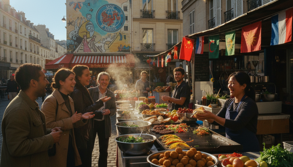 A vibrant street food tour in Belleville, Paris, showcasing a rich tapestry of multicultural cuisines. In the foreground, a small group of diverse individuals dressed in modest casual clothing, engaging enthusiastically with a food vendor serving steaming bowls of pho, colorful tacos, and aromatic falafel. In the middle ground, lively street stalls with flags representing various cultures, each displaying their unique dishes with fresh ingredients. The background features iconic Belleville architecture, with quaint cafes and murals, under a clear blue sky. Cinematic golden hour lighting casts soft shadows, highlighting the textures of the food and the joyful expressions of the people. Raw photograph style, highly detailed textures, 8k resolution. A vibrant street food tour in Belleville, Paris, showcasing a rich tapestry of multicultural cuisines. In the foreground, a small group of diverse individuals dressed in modest casual clothing, engaging enthusiastically with a food vendor serving steaming bowls of pho, colorful tacos, and aromatic falafel. In the middle ground, lively street stalls with flags representing various cultures, each displaying their unique dishes with fresh ingredients. The background features iconic Belleville architecture, with quaint cafes and murals, under a clear blue sky. Cinematic golden hour lighting casts soft shadows, highlighting the textures of the food and the joyful expressions of the people. Raw photograph style, highly detailed textures, 8k resolution.