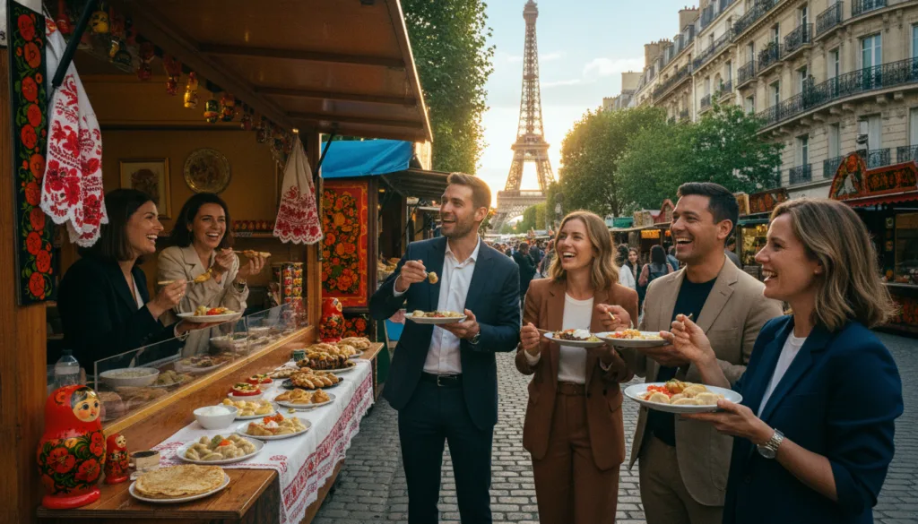 Una vibrante escena callejera que captura un recorrido gastronómico ruso en París. En primer plano, un grupo diverso de turistas, vestidos con ropa elegante pero informal, degustan con entusiasmo platos gourmet rusos en un puesto de mercado al aire libre adornado con decoraciones tradicionales. En el plano medio, se aprecian diversos puestos de comida con platos emblemáticos como el borscht y los pelmeni, rodeados de la ornamentada arquitectura parisina. Al fondo, la Torre Eiffel se asoma entre frondosos árboles, enmarcada por una suave luz dorada que se filtra a través de un cielo azul claro. La iluminación cinematográfica realza los colores y texturas de la comida y el ambiente, creando una atmósfera cálida y acogedora. La imagen, capturada en resolución 8K, ofrece una representación de gran detalle de esta deliciosa experiencia culinaria.