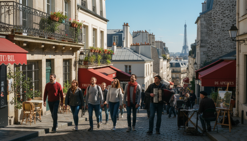 A vibrant street scene capturing an authentic Parisian walking tour, showcasing charming hidden neighborhoods. In the foreground, a diverse group of tourists in modest casual clothing strolls along a cobblestone street, admiring the quaint architecture and bustling cafes. The middle ground features intricate wrought-iron balconies adorned with potted flowers and local street artists at work. The background displays a picturesque view of Parisian rooftops under a bright blue sky, with a hint of the Eiffel Tower in the distance. The atmosphere is lively and inviting, with cinematic lighting that casts soft shadows, enhancing the rich textures of the scene. Shot in 8k resolution for incredible detail, emphasizing the unique character of Paris's lesser-known areas. A vibrant street scene capturing an authentic Parisian walking tour, showcasing charming hidden neighborhoods. In the foreground, a diverse group of tourists in modest casual clothing strolls along a cobblestone street, admiring the quaint architecture and bustling cafes. The middle ground features intricate wrought-iron balconies adorned with potted flowers and local street artists at work. The background displays a picturesque view of Parisian rooftops under a bright blue sky, with a hint of the Eiffel Tower in the distance. The atmosphere is lively and inviting, with cinematic lighting that casts soft shadows, enhancing the rich textures of the scene. Shot in 8k resolution for incredible detail, emphasizing the unique character of Paris's lesser-known areas.