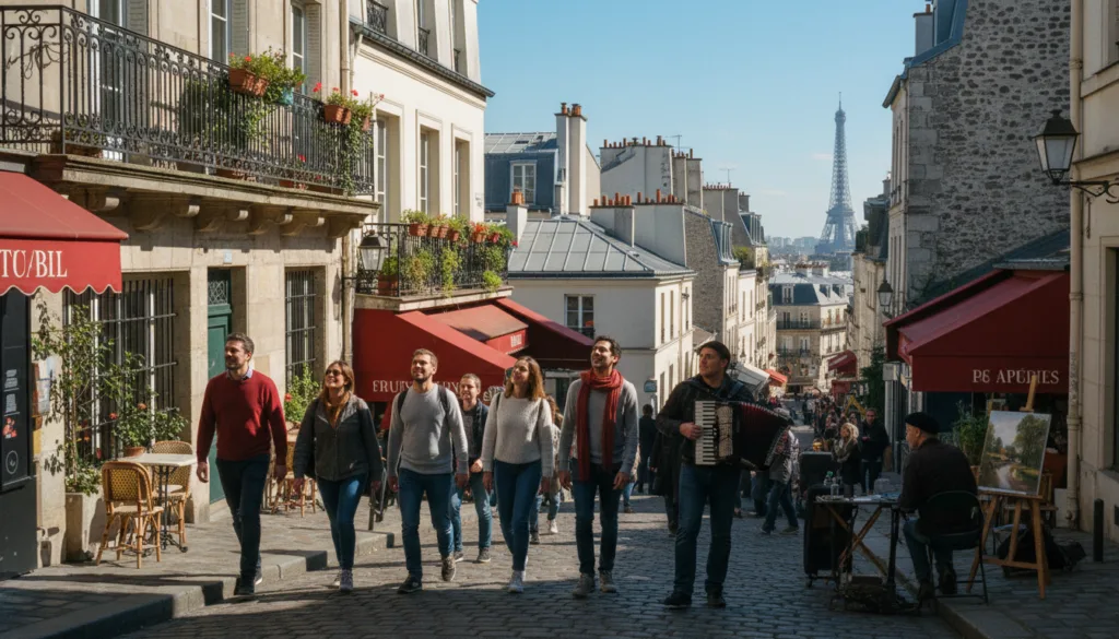 Une scène de rue vibrante, capturant une authentique promenade parisienne et dévoilant de charmants quartiers méconnus. Au premier plan, un groupe hétéroclite de touristes, vêtus de façon décontractée, flâne dans une rue pavée, admirant l'architecture pittoresque et l'animation des cafés. Au second plan, des balcons en fer forgé finement travaillés, ornés de fleurs en pot, et des artistes de rue locaux à l'œuvre. À l'arrière-plan, une vue pittoresque des toits parisiens sous un ciel d'un bleu éclatant laisse entrevoir la Tour Eiffel au loin. L'atmosphère est vivante et chaleureuse, avec un éclairage cinématographique qui projette des ombres douces, sublimant les riches textures de la scène. Filmée en résolution 8K pour une incroyable précision, cette vidéo souligne le caractère unique des quartiers les moins connus de Paris. Une scène de rue vibrante, capturant une authentique promenade parisienne et dévoilant de charmants quartiers méconnus. Au premier plan, un groupe hétéroclite de touristes, vêtus de façon décontractée, flâne dans une rue pavée, admirant l'architecture pittoresque et l'animation des cafés. Au second plan, des balcons en fer forgé finement travaillés, ornés de fleurs en pot, et des artistes de rue locaux à l'œuvre. À l'arrière-plan, une vue pittoresque des toits parisiens sous un ciel d'un bleu éclatant laisse entrevoir la Tour Eiffel au loin. L'atmosphère est vivante et chaleureuse, avec un éclairage cinématographique qui projette des ombres douces, sublimant les riches textures de la scène. Filmée en résolution 8K pour une incroyable précision, cette vidéo souligne le caractère unique des quartiers les moins connus de Paris.