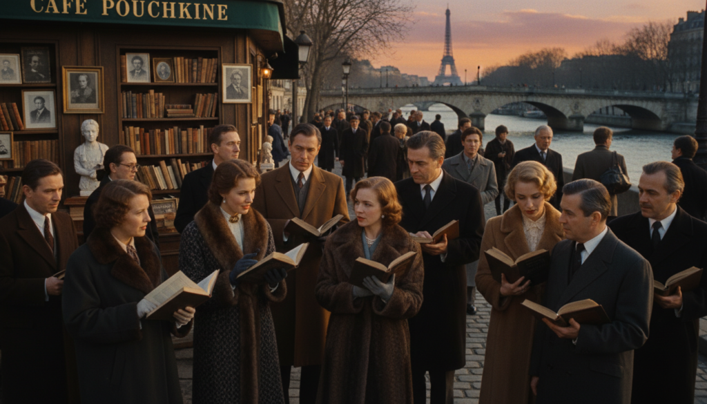 A vibrant street scene in Paris capturing the essence of Russian literary and cultural heritage. In the foreground, a diverse group of elegantly dressed individuals, including Russians and Parisians, are engaging in animated discussions while holding books by famous Russian authors like Dostoevsky and Tolstoy. The middle ground features iconic Parisian landmarks such as the Seine River, with a picturesque bridge, and a quaint café adorned with books and art. In the background, the soft silhouette of the Eiffel Tower rises against a dusk sky, bathed in golden hour lighting. The atmosphere is warm and inviting, with an air of intellectual curiosity. The image is highly detailed, showcasing textures in clothing and architectural elements, with raw photographic quality in 8k resolution, capturing a cinematic sense of nostalgia and celebration.