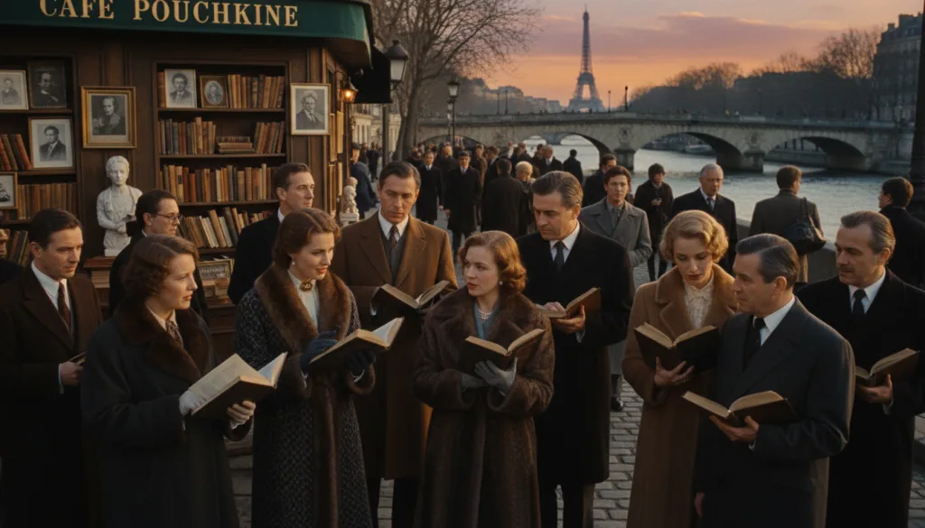 Una vibrante escena callejera parisina que captura la esencia del patrimonio literario y cultural ruso. En primer plano, un grupo diverso de personas elegantemente vestidas, entre rusos y parisinos, conversan animadamente mientras sostienen libros de autores rusos célebres como Dostoievski y Tolstói. En el plano medio se aprecian lugares emblemáticos de París, como el río Sena, con su pintoresco puente, y un acogedor café adornado con libros y obras de arte. Al fondo, la suave silueta de la Torre Eiffel se alza contra el cielo crepuscular, bañada por la luz dorada del atardecer. El ambiente es cálido y acogedor, con un aire de curiosidad intelectual. La imagen, con gran detalle, muestra las texturas de la ropa y los elementos arquitectónicos, con una calidad fotográfica pura en resolución 8K, capturando una sensación cinematográfica de nostalgia y celebración.