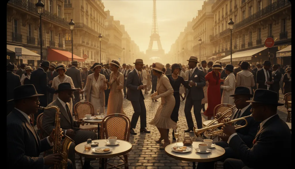 Une scène de rue animée à Paris durant les Années folles, capturant un groupe hétéroclite de musiciens noirs élégamment vêtus et de touristes profitant d'une terrasse de café animée. Au premier plan, un orchestre de jazz joue avec énergie, avec un saxophoniste et un trompettiste en tenue de soirée. Au second plan, un groupe de personnes élégamment vêtues, arborant la mode des années 1920, se mêlent et dansent avec joie. L'arrière-plan dévoile l'architecture parisienne emblématique, avec la Tour Eiffel se devinant sous un doux coucher de soleil doré. L'atmosphère est vivante et festive, soulignant le brassage culturel de l'époque. L'image devrait bénéficier d'un éclairage cinématographique, mettant en valeur la richesse des textures et des couleurs, et être capturée en résolution 8K pour faire ressortir chaque détail. Une scène de rue animée à Paris durant les Années folles, capturant un groupe hétéroclite de musiciens noirs élégamment vêtus et de touristes profitant d'une terrasse de café animée. Au premier plan, un orchestre de jazz joue avec énergie, avec un saxophoniste et un trompettiste en tenue de soirée. Au second plan, un groupe de personnes élégamment vêtues, arborant la mode des années 1920, se mêlent et dansent avec joie. L'arrière-plan dévoile l'architecture parisienne emblématique, avec la Tour Eiffel se devinant sous un doux coucher de soleil doré. L'atmosphère est vivante et festive, soulignant le brassage culturel de l'époque. L'image devrait bénéficier d'un éclairage cinématographique, mettant en valeur la richesse des textures et des couleurs, et être capturée en résolution 8K pour faire ressortir chaque détail.