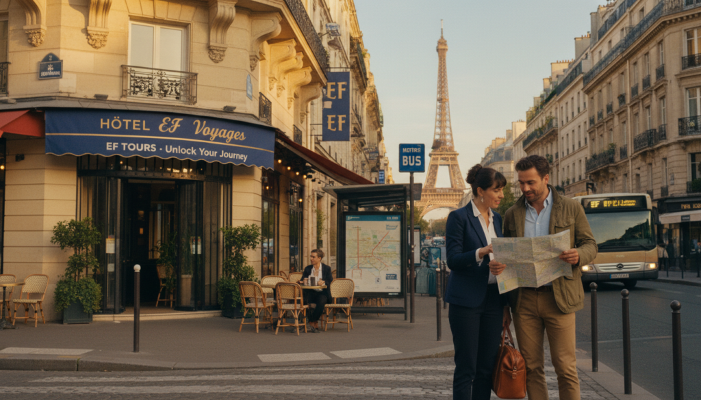 A vibrant street scene in Paris featuring a stylish hotel that represents EF Tours, showcasing its inviting façade and elegant entrance. In the foreground, include a well-dressed couple, one in a professional outfit and the other in smart casual attire, discussing their plans with a map in hand. The middle ground highlights a typical Parisian street with charming café terraces and a bus stop displaying transport connections like metro and bus lines. In the background, iconic Parisian elements such as the Eiffel Tower and historic buildings are faintly visible. Capture the scene during the golden hour with warm, cinematic lighting enhancing the textures of the architecture. Use an 8k resolution to ensure intricate details are visible, evoking a sense of travel excitement and urban adventure. A vibrant street scene in Paris featuring a stylish hotel that represents EF Tours, showcasing its inviting façade and elegant entrance. In the foreground, include a well-dressed couple, one in a professional outfit and the other in smart casual attire, discussing their plans with a map in hand. The middle ground highlights a typical Parisian street with charming café terraces and a bus stop displaying transport connections like metro and bus lines. In the background, iconic Parisian elements such as the Eiffel Tower and historic buildings are faintly visible. Capture the scene during the golden hour with warm, cinematic lighting enhancing the textures of the architecture. Use an 8k resolution to ensure intricate details are visible, evoking a sense of travel excitement and urban adventure.