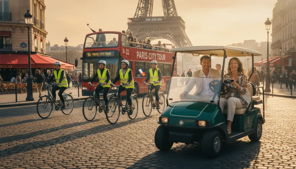 Una escena vibrant de carrer a París que mostra un recorregut amb carret de golf juxtaposat amb opcions de recorregut tradicionals com una bicicleta i un autobús turístic. En primer pla, un elegant carret de golf amb una parella de turistes amb roba informal elegant gaudint del recorregut. Al mig, un grup de ciclistes guiat per un guia turístic i un autobús urbà amb turistes que miren cap a fora, capturant l'atmosfera de la ciutat. El fons presenta monuments parisencs emblemàtics com la Torre Eiffel i pintorescs cafès. L'escena està banyada per una il·luminació suau i daurada, que realça les textures dels carrers empedrats i l'arquitectura complexa. Filmat en resolució 8k amb il·luminació cinematogràfica per a un ambient vívid i acollidor. Una escena vibrant de carrer a París que mostra un recorregut amb carret de golf juxtaposat amb opcions de recorregut tradicionals com una bicicleta i un autobús turístic. En primer pla, un elegant carret de golf amb una parella de turistes amb roba informal elegant gaudint del recorregut. Al mig, un grup de ciclistes guiat per un guia turístic i un autobús urbà amb turistes que miren cap a fora, capturant l'atmosfera de la ciutat. El fons presenta monuments parisencs emblemàtics com la Torre Eiffel i pintorescs cafès. L'escena està banyada per una il·luminació suau i daurada, que realça les textures dels carrers empedrats i l'arquitectura complexa. Filmat en resolució 8k amb il·luminació cinematogràfica per a un ambient vívid i acollidor.