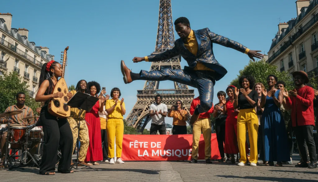 Une scène de rue parisienne vibrante met en scène un groupe d'artistes noirs s'exprimant artistiquement à travers la musique et la danse. Au premier plan, un danseur, vêtu d'une tenue élégante et professionnelle, exécute un mouvement dynamique, dont la grâce est capturée en suspension dans l'air. À sa gauche, une musicienne joue d'un instrument traditionnel, son regard concentré reflétant la passion. Au second plan, une foule de spectateurs, vêtus de tenues colorées mais pudiques, admire la performance. En arrière-plan, on aperçoit des monuments parisiens emblématiques, comme la Tour Eiffel, sous un ciel d'un bleu limpide. Un éclairage cinématographique met en valeur les artistes, projetant des ombres dynamiques, et l'ensemble de la scène, d'une grande richesse de détails, est rendu en résolution 8K. L'atmosphère est joyeuse et festive, invitant le spectateur à s'immerger dans la vitalité culturelle de l'événement. Une scène de rue parisienne vibrante met en scène un groupe d'artistes noirs s'exprimant artistiquement à travers la musique et la danse. Au premier plan, un danseur, vêtu d'une tenue élégante et professionnelle, exécute un mouvement dynamique, dont la grâce est capturée en suspension dans l'air. À sa gauche, une musicienne joue d'un instrument traditionnel, son regard concentré reflétant la passion. Au second plan, une foule de spectateurs, vêtus de tenues colorées mais pudiques, admire la performance. En arrière-plan, on aperçoit des monuments parisiens emblématiques, comme la Tour Eiffel, sous un ciel d'un bleu limpide. Un éclairage cinématographique met en valeur les artistes, projetant des ombres dynamiques, et l'ensemble de la scène, d'une grande richesse de détails, est rendu en résolution 8K. L'atmosphère est joyeuse et festive, invitant le spectateur à s'immerger dans la vitalité culturelle de l'événement.