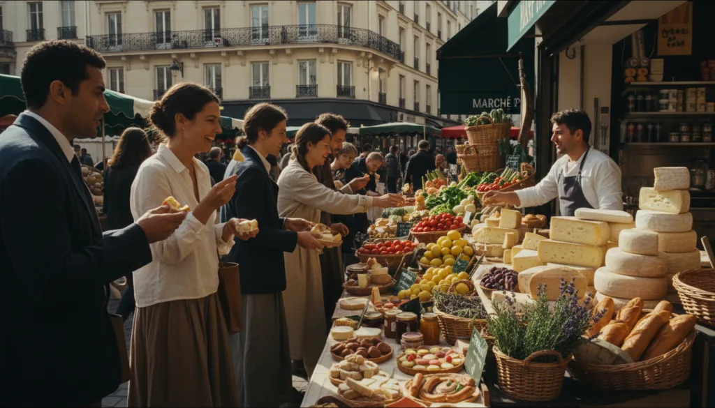 Una vibrante escena callejera parisina que muestra un recorrido por un mercado gastronómico local, con bulliciosos puestos al aire libre repletos de coloridas frutas y verduras frescas, quesos artesanales y productos horneados. En primer plano, un grupo diverso de personas, vestidas con ropa informal pero discreta, prueban con entusiasmo los productos e interactúan con los amables vendedores locales. En el plano medio se aprecian cestas de frutas, hierbas aromáticas y pasteles franceses tradicionales, bellamente dispuestas, mientras que al fondo la emblemática arquitectura parisina, como encantadores cafés y edificios históricos, crea una atmósfera pintoresca. La imagen debe tener una iluminación cinematográfica que resalte las texturas de la comida y el placer de la experiencia, capturada en una impresionante resolución 8K. El ambiente es animado y acogedor, encarnando la auténtica esencia de la cultura culinaria parisina.