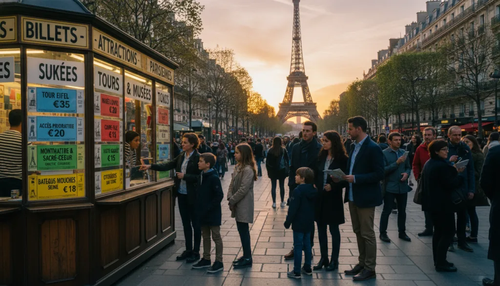Una vibrante escena callejera en París muestra una variedad de precios de entradas para atracciones culturales y de entretenimiento. En primer plano, una elegante taquilla muestra diversas y coloridas opciones de entradas para atracciones populares como la Torre Eiffel, el Museo del Louvre y Montmartre. En el centro, turistas, tanto familias como parejas, examinan las opciones de entradas, vestidos con ropa informal elegante. El fondo captura la icónica arquitectura parisina, con la Torre Eiffel suavemente iluminada al atardecer, proyectando tonos cálidos sobre la escena. El ambiente es animado y acogedor, con una iluminación cinematográfica que resalta las texturas de los edificios y los detalles de la taquilla, con una impresionante resolución de 8k para una apariencia muy detallada.