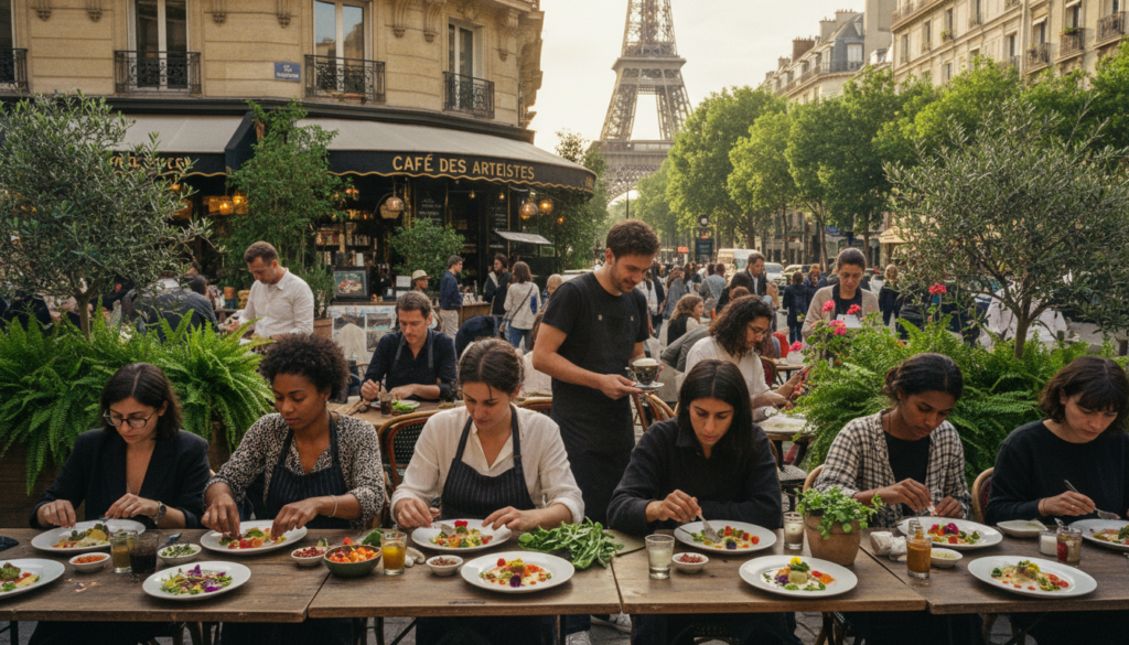 A vibrant street scene in Paris showcasing creative, hands-on unique experiences. In the foreground, a diverse group of individuals engaged in a culinary workshop, carefully arranging colorful ingredients for a gourmet dish, all wearing casual but tidy clothing. The middle ground features a charming Parisian café, with a barista demonstrating latte art, surrounded by lush potted plants and flowers. The background reveals iconic Parisian architecture, like the Eiffel Tower peeking through the trees, with soft sunlight filtering through. The atmosphere is lively and inviting, evoking a sense of artistic exploration. Capture this in a raw photograph style, with cinematic lighting, highly detailed textures, and an 8k resolution for immersive clarity. A vibrant street scene in Paris showcasing creative, hands-on unique experiences. In the foreground, a diverse group of individuals engaged in a culinary workshop, carefully arranging colorful ingredients for a gourmet dish, all wearing casual but tidy clothing. The middle ground features a charming Parisian café, with a barista demonstrating latte art, surrounded by lush potted plants and flowers. The background reveals iconic Parisian architecture, like the Eiffel Tower peeking through the trees, with soft sunlight filtering through. The atmosphere is lively and inviting, evoking a sense of artistic exploration. Capture this in a raw photograph style, with cinematic lighting, highly detailed textures, and an 8k resolution for immersive clarity.