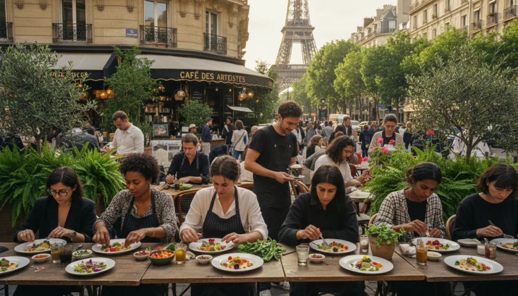 Une scène de rue parisienne animée, mettant en scène des expériences créatives et interactives uniques. Au premier plan, un groupe hétéroclite participe à un atelier culinaire, disposant avec soin des ingrédients colorés pour un plat gastronomique, tous vêtus de tenues décontractées mais soignées. Au second plan, un charmant café parisien, où un barista réalise un latte art, entouré de plantes et de fleurs en pot luxuriantes. À l'arrière-plan se dévoile l'architecture parisienne emblématique, comme la Tour Eiffel qui se profile à travers les arbres, baignée par une douce lumière. L'atmosphère est vivante et accueillante, invitant à la découverte artistique. Capturez cette scène dans un style photographique brut, avec un éclairage cinématographique, des textures très détaillées et une résolution 8K pour une netteté immersive. Une scène de rue parisienne animée, mettant en scène des expériences créatives et interactives uniques. Au premier plan, un groupe hétéroclite participe à un atelier culinaire, disposant avec soin des ingrédients colorés pour un plat gastronomique, tous vêtus de tenues décontractées mais soignées. Au second plan, un charmant café parisien, où un barista réalise un latte art, entouré de plantes et de fleurs en pot luxuriantes. À l'arrière-plan se dévoile l'architecture parisienne emblématique, comme la Tour Eiffel qui se profile à travers les arbres, baignée par une douce lumière. L'atmosphère est vivante et accueillante, invitant à la découverte artistique. Capturez cette scène dans un style photographique brut, avec un éclairage cinématographique, des textures très détaillées et une résolution 8K pour une netteté immersive.