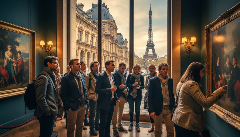 Una vibrante escena callejera de París muestra a turistas disfrutando de un recorrido cultural por museos y galerías de arte. En primer plano, un grupo diverso de visitantes, vestidos con ropa elegante pero informal, se deleitan contemplando una famosa pintura expuesta en una acogedora galería. En el plano medio, la elegante arquitectura del museo, iluminada con una luz suave y cálida que resalta sus intrincados detalles, se aprecian. Al fondo, monumentos parisinos emblemáticos como la Torre Eiffel y el Louvre aparecen ligeramente difuminados para crear una sensación de profundidad. El ambiente es acogedor e inspirador, capturando la esencia de la apreciación artística. Filmado con un objetivo gran angular en resolución 8K, se centra en las vívidas texturas y los ricos colores de la obra de arte, así como en la animada interacción de los turistas.