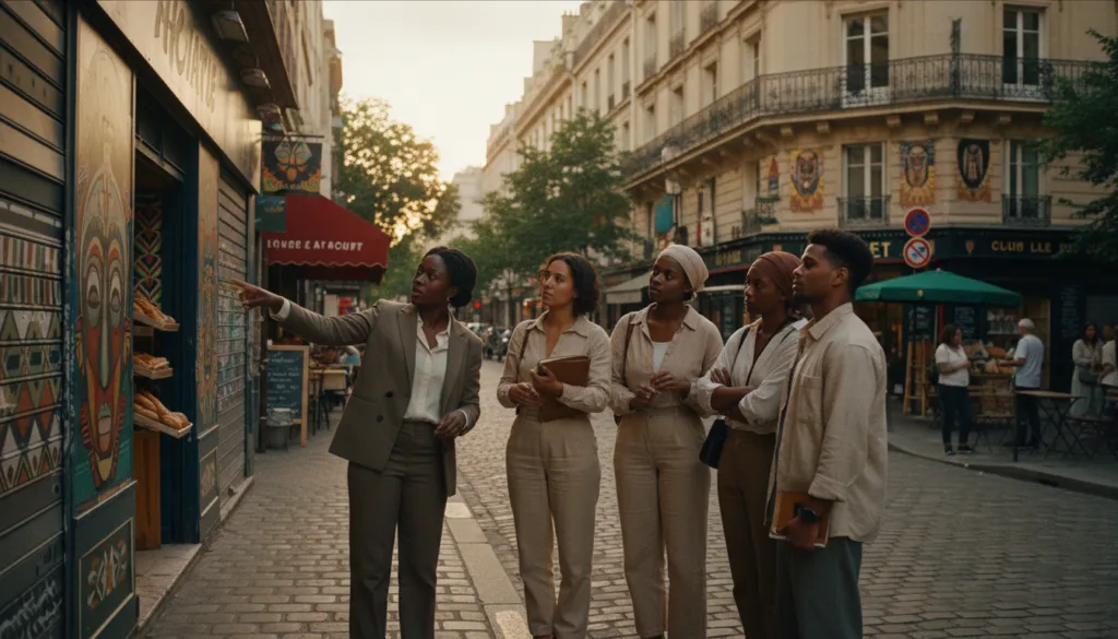 Une scène de rue animée dans un quartier parisien, capturant un groupe de personnes d'horizons divers participant à une visite guidée du patrimoine culturel de la diaspora africaine. Au premier plan, une jeune femme noire en tailleur professionnel désigne des monuments historiques à un petit groupe de touristes vêtus de façon décontractée et sobre, tous manifestant intérêt et enthousiasme. Au second plan, des fresques colorées et du street art reflètent la culture africaine, tandis que des boutiques et des cafés locaux contribuent à l'atmosphère de richesse culturelle. À l'arrière-plan, l'architecture parisienne classique, baignée d'une douce lumière chaude, crée une ambiance chaleureuse. La composition, cadrée avec une légère profondeur de champ, met en valeur le groupe tout en floutant délicatement l'environnement, révélant ainsi des textures et des couleurs d'une grande précision en résolution 8K. L'éclairage, digne du cinéma, projette des ombres douces et crée une atmosphère accueillante, invitant à la découverte et au partage. Une scène de rue animée dans un quartier parisien, capturant un groupe de personnes d'horizons divers participant à une visite guidée du patrimoine culturel de la diaspora africaine. Au premier plan, une jeune femme noire en tailleur professionnel désigne des monuments historiques à un petit groupe de touristes vêtus de façon décontractée et sobre, tous manifestant intérêt et enthousiasme. Au second plan, des fresques colorées et du street art reflètent la culture africaine, tandis que des boutiques et des cafés locaux contribuent à l'atmosphère de richesse culturelle. À l'arrière-plan, l'architecture parisienne classique, baignée d'une douce lumière chaude, crée une ambiance chaleureuse. La composition, cadrée avec une légère profondeur de champ, met en valeur le groupe tout en floutant délicatement l'environnement, révélant ainsi des textures et des couleurs d'une grande précision en résolution 8K. L'éclairage, digne du cinéma, projette des ombres douces et crée une atmosphère accueillante, invitant à la découverte et au partage.