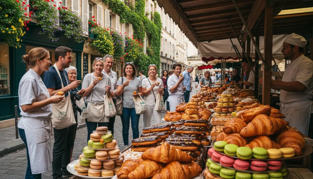 Une scène de rue animée dans un quartier parisien dédié aux visites de boulangeries, avec un charmant marché en plein air présentant une variété de pâtisseries françaises traditionnelles. Au premier plan, un étalage soigné de croissants, d'éclairs et de macarons, avec une mise au point douce sur les moindres détails et textures. Au second plan, un groupe de touristes, vêtus de façon décontractée, échange avec des boulangers locaux enthousiastes et déguste des pâtisseries. L'arrière-plan révèle une architecture parisienne pittoresque avec des façades recouvertes de lierre et des fleurs de saison dans des jardinières. Une lumière douce et chaleureuse, digne du cinéma, diffuse une lueur accueillante, sublimant les couleurs riches et les détails des pâtisseries. Capturée en résolution 8K pour mettre en valeur les textures délicieuses et l'atmosphère conviviale de cette charmante visite de boulangerie.