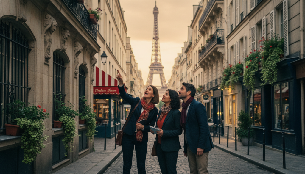 A vibrant street scene in a charming Paris neighborhood, featuring a diverse group of three local guides, two women and one man, dressed in smart casual attire. In the foreground, a guide enthusiastically points out architectural details of a historic building, while the others listen intently, embodying an engaging and informative atmosphere. In the middle ground, quaint cafés and boutiques line the cobblestone street, with flower boxes bursting with colorful blooms. In the background, the iconic silhouette of the Eiffel Tower can be faintly seen. Soft, warm cinematic lighting bathes the scene, enhancing the textures of the aged brick and colorful storefronts, all captured in high-resolution 8k detail, conveying a welcoming and lively mood of exploration and discovery. A vibrant street scene in a charming Paris neighborhood, featuring a diverse group of three local guides, two women and one man, dressed in smart casual attire. In the foreground, a guide enthusiastically points out architectural details of a historic building, while the others listen intently, embodying an engaging and informative atmosphere. In the middle ground, quaint cafés and boutiques line the cobblestone street, with flower boxes bursting with colorful blooms. In the background, the iconic silhouette of the Eiffel Tower can be faintly seen. Soft, warm cinematic lighting bathes the scene, enhancing the textures of the aged brick and colorful storefronts, all captured in high-resolution 8k detail, conveying a welcoming and lively mood of exploration and discovery.