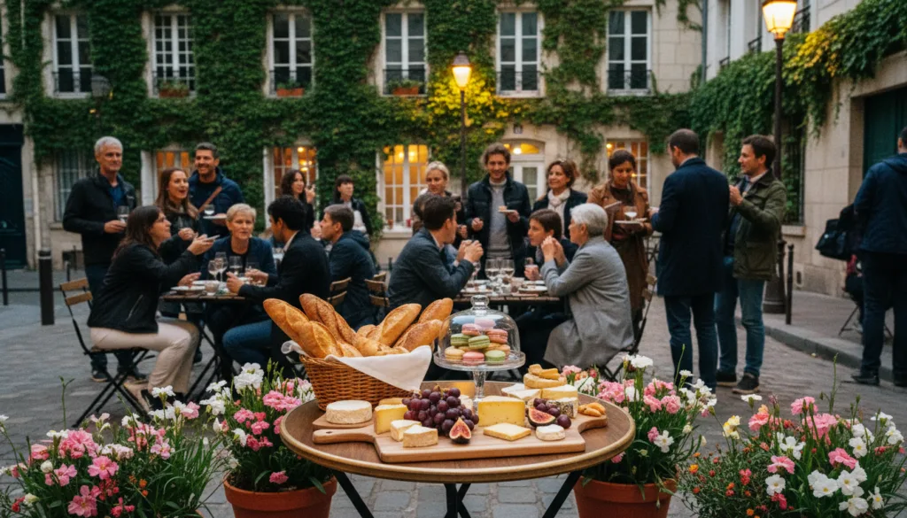 Une scène de rue animée dans un charmant quartier parisien hors des sentiers battus, au crépuscule. Au premier plan, une petite table de bistrot accueillante présente un assortiment de délices français magnifiquement dressés&nbsp;: baguettes fraîchement cuites, macarons colorés et fromages artisanaux, entourés de fleurs printanières en pot. Au second plan, un groupe de passionnés de gastronomie, vêtus de façon décontractée, savourent leur expérience culinaire, leurs visages rayonnant de joie et de curiosité. À l’arrière-plan, des immeubles parisiens historiques, dont les murs sont recouverts de lierre et baignés d’une douce lumière dorée filtrant par les fenêtres, créent une atmosphère chaleureuse. La scène est filmée avec un éclairage cinématographique, mettant en valeur les couleurs et les textures riches des aliments, en résolution 8K, pour transmettre un sentiment de convivialité et de partage.