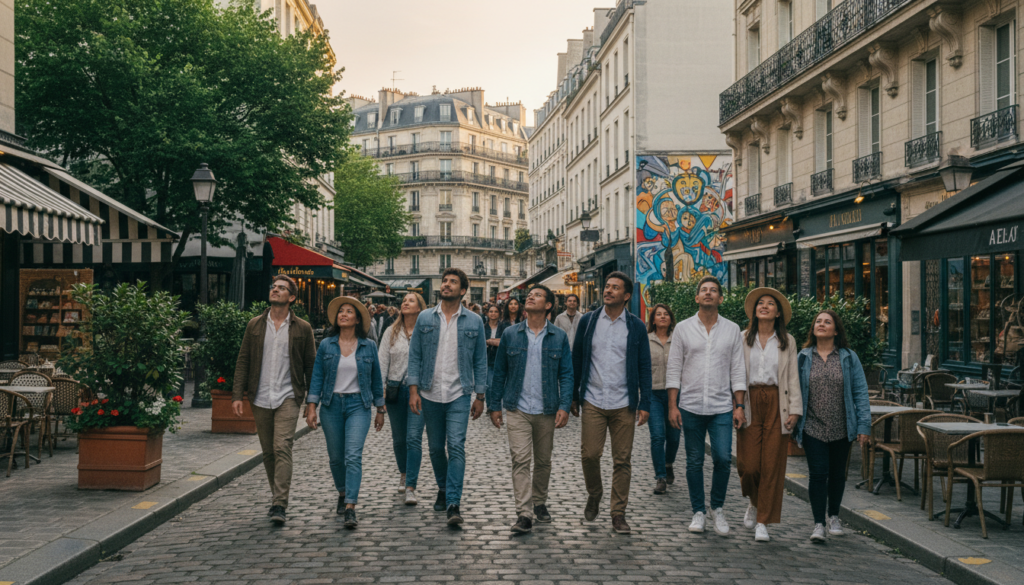 A vibrant street scene in a lively Paris neighborhood, capturing the essence of exploration with charming cobblestone streets lined by quaint cafés and boutique shops. In the foreground, a diverse group of casually dressed tourists strolls, marveling at the beautiful architecture and unique street art. The middle layer features lush greenery from decorative trees and potted plants, creating an inviting atmosphere. In the background, iconic Parisian buildings bathed in warm golden hour sunlight stand tall, their intricate façades detailed in 8k resolution. The image should have a cinematic feel, emphasizing soft shadows and rich textures, evoking a sense of joy and discovery in the bustling yet relaxed ambiance of Paris. No text or watermarks are present.