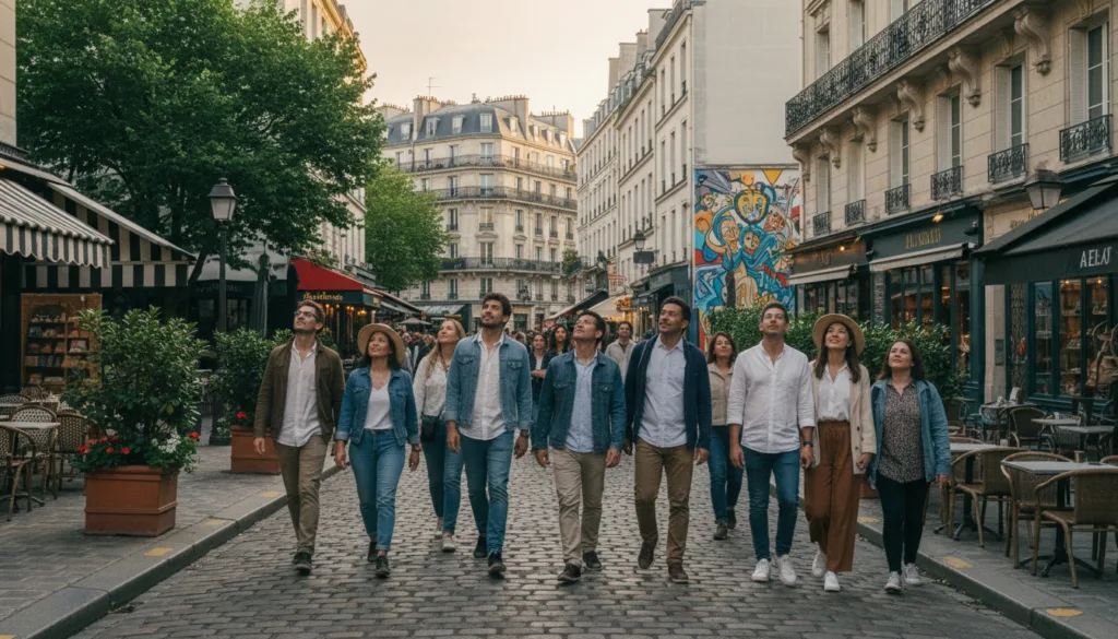 Una vibrante escena callejera en un animado barrio parisino captura la esencia de la exploración con encantadoras calles adoquinadas bordeadas de pintorescos cafés y boutiques. En primer plano, un grupo diverso de turistas vestidos de forma informal pasea, maravillados por la hermosa arquitectura y el singular arte callejero. La capa intermedia presenta una exuberante vegetación de árboles ornamentales y plantas en macetas, creando una atmósfera acogedora. Al fondo, se alzan imponentes edificios parisinos, bañados por la cálida luz del sol dorado, con sus intrincadas fachadas detalladas en resolución 8k. La imagen debe tener un aire cinematográfico, enfatizando las sombras suaves y las ricas texturas, evocando una sensación de alegría y descubrimiento en el ambiente vibrante y relajado de París. No contiene texto ni marcas de agua.