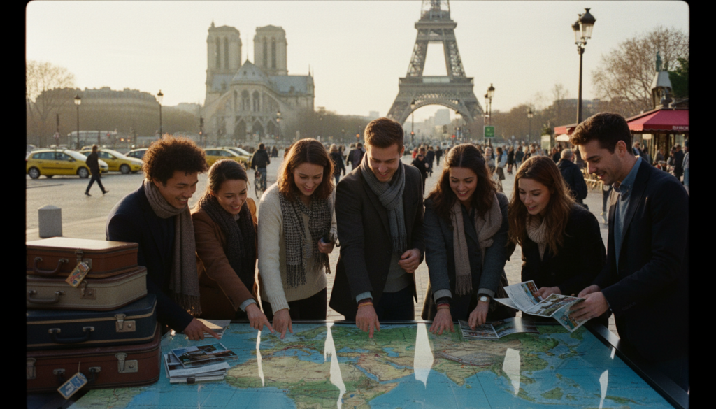 A vibrant travel scene showcasing a diverse group of travelers engaged in planning their multi-country tours, set against the iconic landmarks of Paris like the Eiffel Tower and Notre-Dame Cathedral. In the foreground, groups of happy tourists, dressed in smart casual attire, are gathered around an interactive travel map, enthusiastically pointing out destinations. The middle ground features travel brochures and colorful suitcases, hinting at adventures to come. In the background, Parisian streets are bustling with life, bathed in warm, cinematic lighting that enhances the excitement of travel. The composition captures a sense of wanderlust and the beauty of beginning a journey in the heart of Europe. Shot in 8k resolution to highlight intricate details and textures, giving a realistic and inviting atmosphere. A vibrant travel scene showcasing a diverse group of travelers engaged in planning their multi-country tours, set against the iconic landmarks of Paris like the Eiffel Tower and Notre-Dame Cathedral. In the foreground, groups of happy tourists, dressed in smart casual attire, are gathered around an interactive travel map, enthusiastically pointing out destinations. The middle ground features travel brochures and colorful suitcases, hinting at adventures to come. In the background, Parisian streets are bustling with life, bathed in warm, cinematic lighting that enhances the excitement of travel. The composition captures a sense of wanderlust and the beauty of beginning a journey in the heart of Europe. Shot in 8k resolution to highlight intricate details and textures, giving a realistic and inviting atmosphere.
