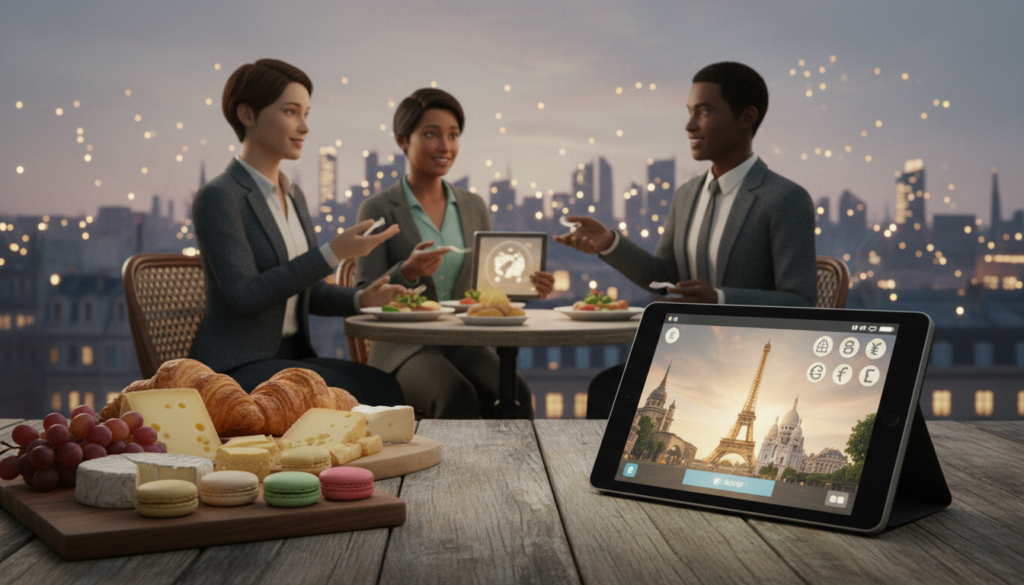 A vibrant virtual food and culture experience in Paris, featuring a beautifully set outdoor café terrace with elegant tables adorned with French cuisine delights such as croissants, macarons, and gourmet cheeses. In the foreground, a digital tablet displays a virtual tour interface showcasing iconic Parisian landmarks like the Eiffel Tower and Montmartre, illuminated in soft, warm lighting. The middle ground includes virtual avatars of individuals in business attire, engaged in a lively discussion over food, embodying a mix of cultures. The background showcases the Parisian skyline under a soft twilight sky with twinkling lights, creating an inviting and immersive atmosphere. The image captures high detail and textures, with a cinematic feel, presented in 8k resolution.