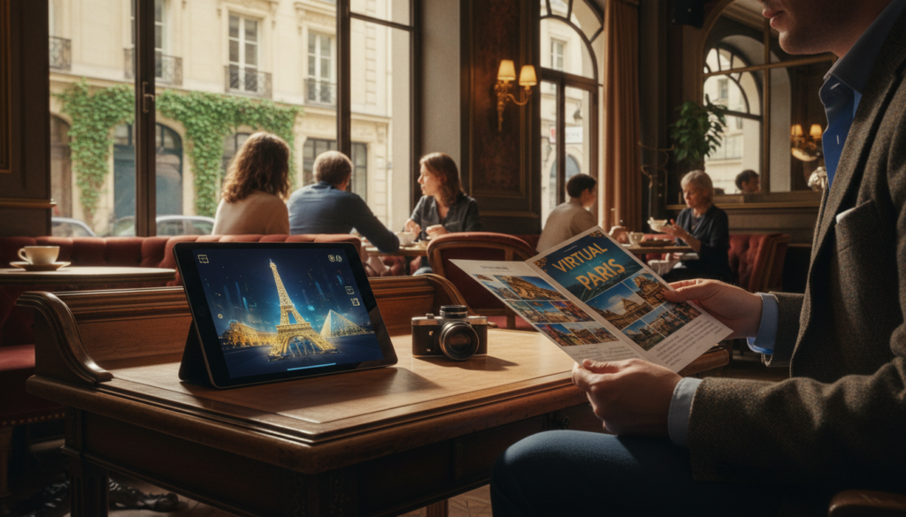 A vibrant virtual tour planning scene centered around a stylish desk in a Parisian café. In the foreground, a tablet displays a stunning virtual tour interface featuring iconic landmarks like the Eiffel Tower and Louvre. Nearby, a well-dressed person, wearing smart casual attire, studies a colorful brochure about virtual tours. The middle ground captures a bustling café ambiance with intricate architectural details, warm wooden textures, and soft, cinematic lighting spilling through large windows. In the background, hints of Parisian streets with ivy-covered buildings can be seen. The overall mood is inviting and informative, suggesting the excitement of exploring Paris from home. The image should be rich in textures and colors, presented in 8k resolution to emphasize the details.