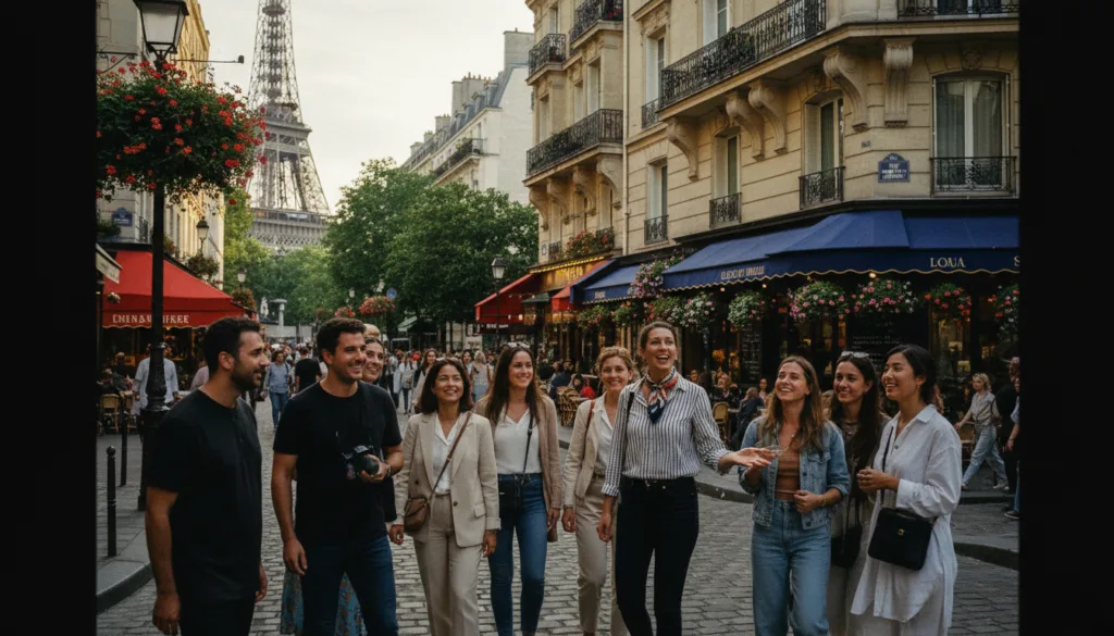 Una vibrante escena de un recorrido a pie por un auténtico barrio parisino. En primer plano, un grupo diverso de turistas, vestidos con ropa informal pero elegante, conversa con un guía local experto, quien señala con entusiasmo un edificio histórico. En el plano medio se aprecian pintorescas calles empedradas con encantadores cafés y floristerías, cuyos coloridos toldos y flores en plena floración dan vida a la escena. Al fondo, la icónica arquitectura parisina, incluyendo un atisbo de la Torre Eiffel entre los árboles, crea una sensación de lugar. La iluminación es suave y cálida, evocando el atardecer, proyectando sombras delicadas y resaltando las texturas de los edificios. El ambiente general es acogedor e inmersivo, reflejando el placer de explorar este entorno culturalmente rico. Fotografía en alta resolución, iluminación cinematográfica, texturas detalladas, resolución 8k.
