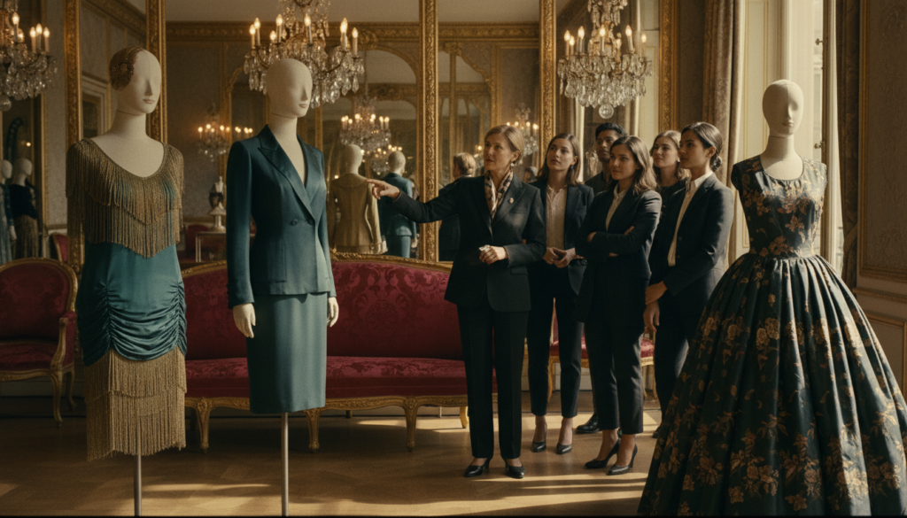 A vintage fashion house interior in Paris, showcasing elegant displays of classic haute couture garments from the 1920s to the 1960s. In the foreground, intricately designed mannequins dressed in luxurious fabrics, rich colors, and exquisite detailing, highlighting the artistry of vintage fashion. The middle section features a well-dressed fashion curator, wearing professional business attire, guiding a small group of fashion enthusiasts through the collection, their expressions filled with admiration and curiosity. The background captures the opulent decor of the fashion house with ornate mirrors, chandeliers, and plush velvet seating, all bathed in warm, cinematic lighting that emphasizes the textures of the fabrics and the elegance of the space. The scene evokes a nostalgic atmosphere, inviting viewers to immerse themselves in the charm of Parisian fashion history. Raw photograph, highly detailed textures, 8k resolution.