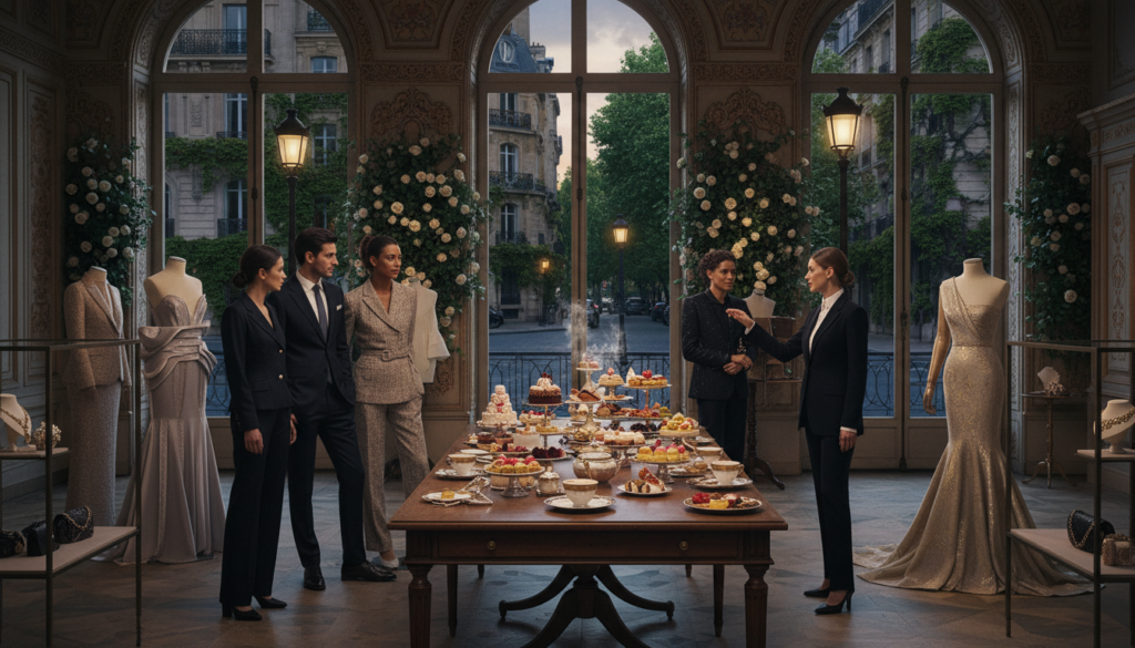 A visually captivating scene showcasing an elegant Parisian fashion house tour combined with a gourmet culinary experience. In the foreground, a small group of diverse individuals in smart casual attire, engaged in a guided tour of the fashion house, admiring luxurious garments and accessories displayed on mannequins. In the middle, a styled table with exquisite pastries and coffee, invitingly set for a tasting session, reflecting the fusion of fashion and culinary arts. The background features a beautifully decorated Parisian street, with historic architecture and lush greenery, bathed in warm, cinematic lighting that highlights the textures of the building facades. The mood is chic and sophisticated, reflecting the essence of Parisian culture in 8k resolution with highly detailed textures.