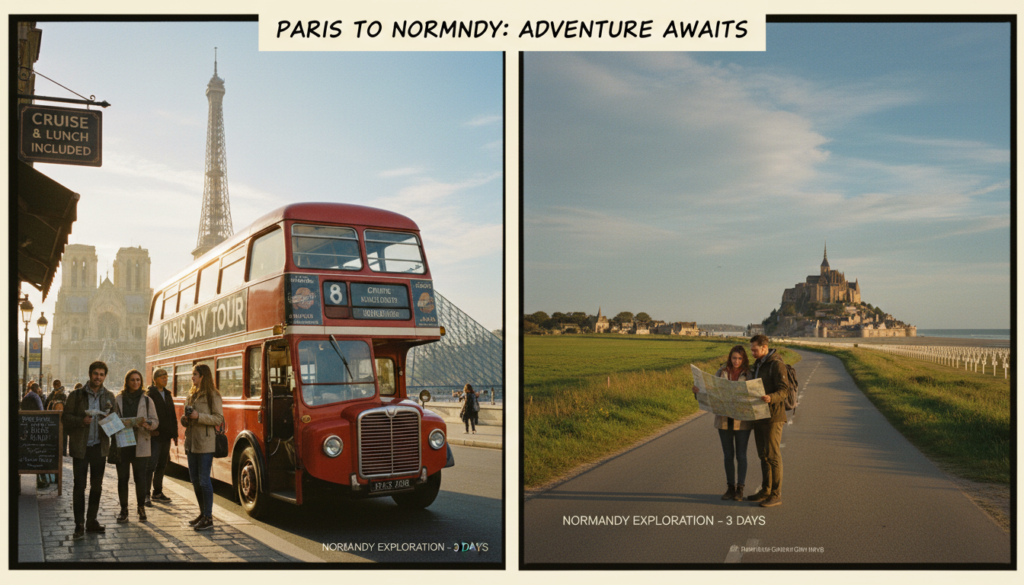 A visually engaging comparison of full-day and multi-day tour options from Paris to Normandy. In the foreground, a detailed split-image featuring two contrasting tour itineraries: one side showcases a vibrant, bustling Paris scene with a bus ready for a day trip, highlighting famous landmarks and tourist essentials. The other side presents a serene, picturesque Normandy landscape with rolling hills, charming villages, and historical sites like the D-Day beaches. In the middle ground, an elegantly dressed couple studies a detailed map, dressed in professional business attire or modest casual clothing, looking contemplative. The background features soft, cinematic lighting, enhancing a mood of adventure and exploration, with lush greenery and the iconic Mont Saint-Michel silhouette under a clear blue sky. The image should be in 8k resolution, capturing highly detailed textures throughout. A visually engaging comparison of full-day and multi-day tour options from Paris to Normandy. In the foreground, a detailed split-image featuring two contrasting tour itineraries: one side showcases a vibrant, bustling Paris scene with a bus ready for a day trip, highlighting famous landmarks and tourist essentials. The other side presents a serene, picturesque Normandy landscape with rolling hills, charming villages, and historical sites like the D-Day beaches. In the middle ground, an elegantly dressed couple studies a detailed map, dressed in professional business attire or modest casual clothing, looking contemplative. The background features soft, cinematic lighting, enhancing a mood of adventure and exploration, with lush greenery and the iconic Mont Saint-Michel silhouette under a clear blue sky. The image should be in 8k resolution, capturing highly detailed textures throughout.