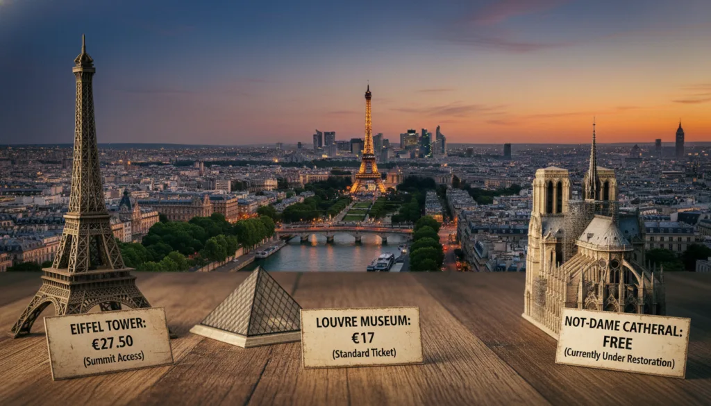 Una impactante imagen comparativa que muestra los precios de entrada a lugares emblemáticos de París: la Torre Eiffel, el Museo del Louvre y la Catedral de Notre Dame. En primer plano, se muestran etiquetas de precios detalladas junto a maquetas 3D de cada monumento, diseñadas para resaltar sus características arquitectónicas. En segundo plano, una vista panorámica del horizonte parisino captura estos monumentos, situados entre exuberante vegetación y encantadoras calles, con el río Sena brillando bajo el vibrante cielo crepuscular. El fondo presenta siluetas difuminadas de otros edificios emblemáticos, creando profundidad. La escena está iluminada con una cálida iluminación cinematográfica que realza las texturas de las maquetas y los edificios. El ambiente general es informativo y a la vez atractivo, con una resolución de 8k para una claridad excepcional.