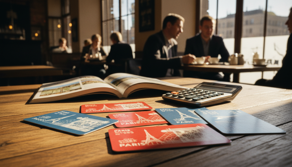 A visually striking comparison of discount passes for Paris attractions displayed on a wooden table in a bright, natural-lit café setting. In the foreground, various colorful city pass cards are scattered, each featuring iconic images like the Eiffel Tower, Louvre Museum, and Notre-Dame. In the middle ground, an open travel guide and a calculator hint at careful planning. The background showcases a blurred view of the café's charming interior, with patrons in professional business attire enjoying their drinks. The overall mood conveys a sense of excitement and anticipation for exploring Paris, with warm, inviting colors that enhance the feeling of adventure. Shot in raw photographic style, with cinematic lighting that highlights the details on the passes and the textures of the table, in ultra-realistic 8k resolution.
