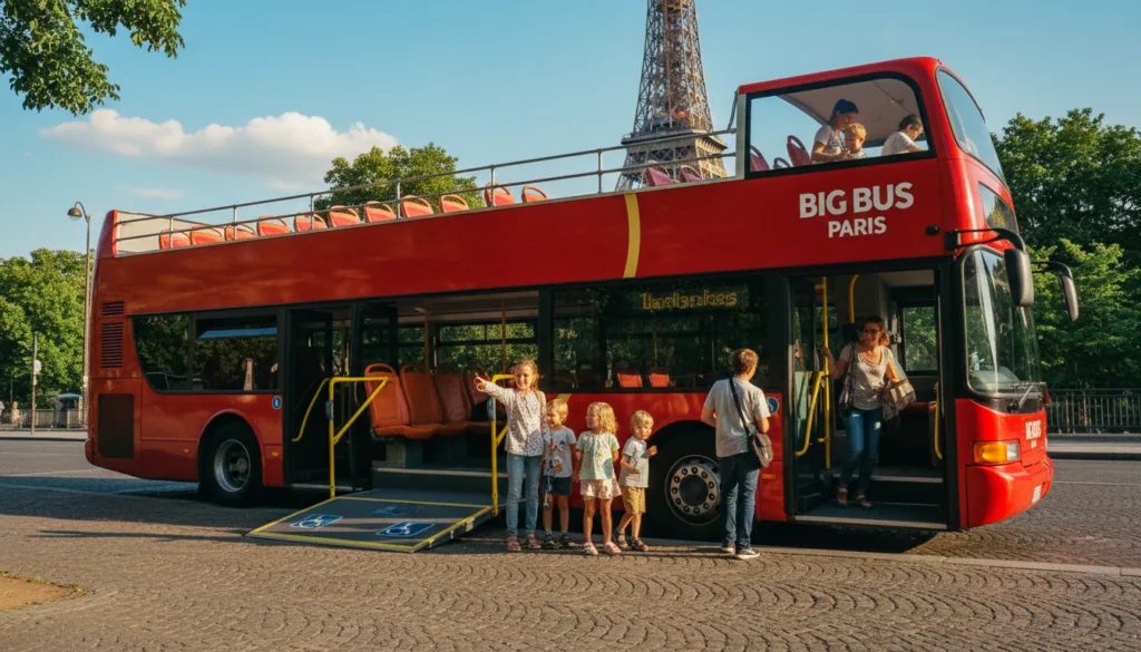 Isang kapansin-pansing imahe na may mataas na resolusyon ng isang sasakyan ng Big Bus Tours na nakaparada sa harap ng isang palatandaan sa Paris, na nagtatampok ng mga upuang maaaring gamitin ng wheelchair at mga tampok na angkop para sa pamilya. Sa harapan, itampok ang maluwang at itinalagang lugar para sa mga gumagamit ng wheelchair, kumpleto sa mga rampa na maaaring gamitin at mga komportableng opsyon sa pag-upo. Sa gitnang bahagi, kunan ng larawan ang mga pamilyang sumasakay sa bus, kasama ang mga batang nakangiti at mga magulang na tumutulong sa kanilang pag-upo. Tampok sa background ang iconic na Eiffel Tower sa ilalim ng maliwanag na asul na kalangitan, na lumilikha ng isang masaya at nakakaengganyong kapaligiran. Gamitin ang cinematic lighting upang mapahusay ang eksena, na nakatuon sa mga maiinit na kulay na pumupukaw ng pakiramdam ng pakikipagsapalaran at pagiging inklusibo. Ang imahe ay dapat na binubuo ng isang bahagyang naka-anggulo na malawak na kuha upang magbigay ng lalim, na nagpapakita ng disenyo ng bus nang may matalas na detalye at matingkad na mga kulay, na lahat ay nai-render sa 8k na resolusyon.
