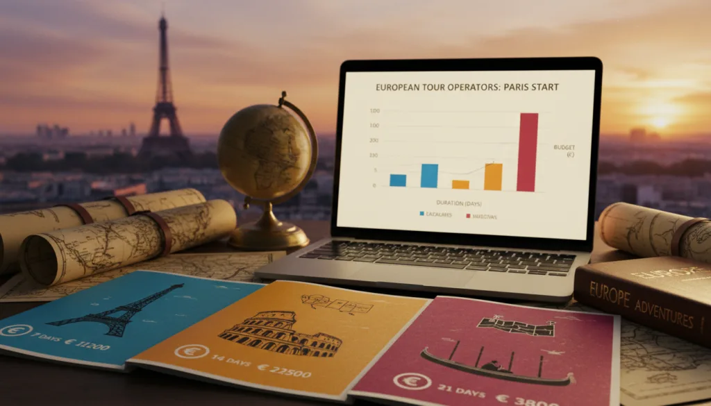 Un gráfico visualmente impactante e informativo que ilustra la comparación de operadores turísticos que ofrecen tours europeos con salida desde París. En primer plano, se muestran varios folletos de viaje coloridos y distintivos con imágenes de lugares emblemáticos como la Torre Eiffel, acompañados de iconos que representan la duración y el presupuesto de la ruta, organizados de forma ordenada. En el plano medio, se muestra un elegante portátil con un gráfico que compara la duración del tour con el presupuesto, rodeado de elementos esenciales de viaje como un globo terráqueo, mapas y una guía de viaje. El fondo presenta una imagen con enfoque suave del horizonte de París al atardecer, que proyecta una iluminación cálida y cinematográfica sobre la escena. Se buscan texturas muy detalladas y colores vibrantes, creando una atmósfera profesional pero acogedora, ideal para viajeros que buscan las mejores opciones de tours europeos. La imagen debe tener una resolución de 8k, sin texto ni superposiciones. Un gráfico visualmente impactante e informativo que ilustra la comparación de operadores turísticos que ofrecen tours europeos con salida desde París. En primer plano, se muestran varios folletos de viaje coloridos y distintivos con imágenes de lugares emblemáticos como la Torre Eiffel, acompañados de iconos que representan la duración y el presupuesto de la ruta, organizados de forma ordenada. En el plano medio, se muestra un elegante portátil con un gráfico que compara la duración del tour con el presupuesto, rodeado de elementos esenciales de viaje como un globo terráqueo, mapas y una guía de viaje. El fondo presenta una imagen con enfoque suave del horizonte de París al atardecer, que proyecta una iluminación cálida y cinematográfica sobre la escena. Se buscan texturas muy detalladas y colores vibrantes, creando una atmósfera profesional pero acogedora, ideal para viajeros que buscan las mejores opciones de tours europeos. La imagen debe tener una resolución de 8k, sin texto ni superposiciones.