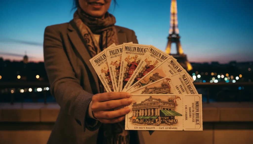 Une image saisissante et très détaillée représentant une collection de billets pour divers lieux de divertissement parisiens, tels que le Moulin Rouge, le Palais Garnier et Les Deux Magots. Au premier plan, les motifs colorés et artistiques des billets, ornés de symboles et de monuments emblématiques de Paris, sont mis en valeur. Au second plan, une silhouette floue, vêtue d'une tenue élégante décontractée, tient les billets avec enthousiasme, soulignant son impatience de profiter de ces attractions. À l'arrière-plan, baignée d'une douce lumière cinématographique, la silhouette de la Tour Eiffel se détache sur un ciel crépusculaire, créant une atmosphère romantique. La scène se veut accueillante et vivante, capturant l'essence même du divertissement parisien. L'image doit être en résolution 8K avec des textures très détaillées, garantissant une expérience visuelle captivante.