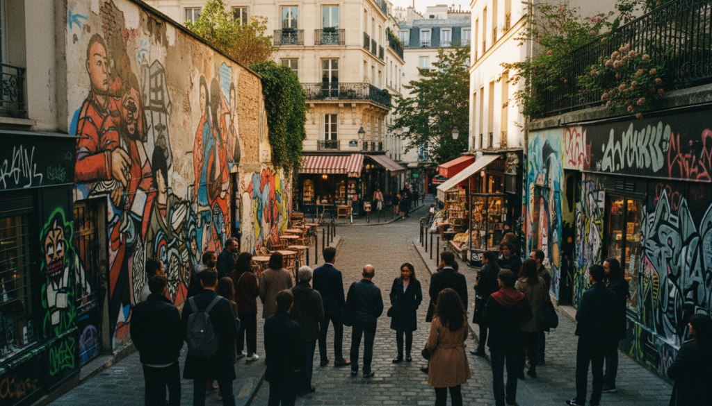 A vivid street scene in Paris showcasing an off-the-beaten-path walking tour dedicated to street art. In the foreground, a diverse group of people in casual yet stylish attire, observing and admiring vibrant murals on building walls, capturing the essence of urban creativity. In the middle ground, a narrow cobblestone street lined with quaint cafes and vintage shops, enhancing the charm of the area. The background features iconic Parisian architecture with touches of greenery peeking through. The atmosphere is lively yet intimate, with soft, warm cinematic lighting highlighting the textures of the art and surroundings. The image is captured in raw photographer style, emphasizing highly detailed textures, with an 8k resolution for richness and clarity. The angle is slightly elevated, providing a broader view of the magical street art scene. A vivid street scene in Paris showcasing an off-the-beaten-path walking tour dedicated to street art. In the foreground, a diverse group of people in casual yet stylish attire, observing and admiring vibrant murals on building walls, capturing the essence of urban creativity. In the middle ground, a narrow cobblestone street lined with quaint cafes and vintage shops, enhancing the charm of the area. The background features iconic Parisian architecture with touches of greenery peeking through. The atmosphere is lively yet intimate, with soft, warm cinematic lighting highlighting the textures of the art and surroundings. The image is captured in raw photographer style, emphasizing highly detailed textures, with an 8k resolution for richness and clarity. The angle is slightly elevated, providing a broader view of the magical street art scene.