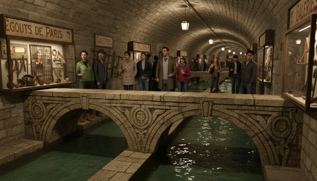 A vivid underground scene showcasing the enchanting sewer network of Paris. In the foreground, ornate stone arches and intricate drainage channels filled with glistening water reflect ambient light. The middle ground features curious tourists in modest casual attire, exploring the labyrinthine tunnels with expressions of wonder, as they gaze at historical artifacts displayed along the walls. In the background, dimly lit paths lead to mysterious corners, revealing vintage signage and faintly glowing lanterns that cast dramatic shadows. The atmosphere is a mix of intrigue and adventure, with soft, cinematic lighting enhancing the detailed textures of the ancient stonework. Shot in 8k resolution to capture every nuance of this hidden world beneath the bustling city.