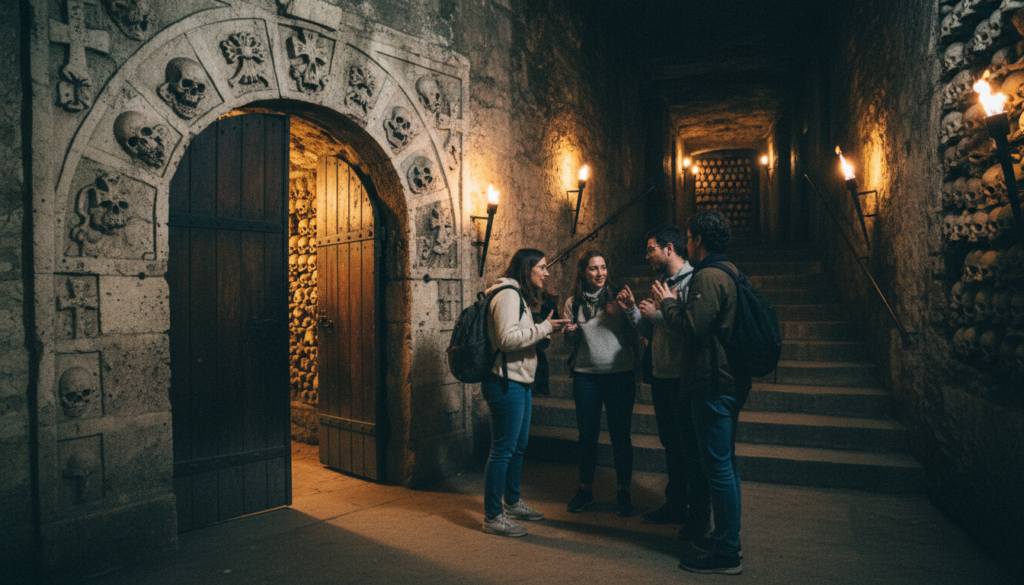 A well-lit entrance to a catacombs tour in Paris, showcasing an ancient archway made of weathered stone, adorned with intricate carvings and a heavy wooden door partly ajar, inviting visitors inside. In the foreground, a small group of tourists in modest casual clothing, eagerly discussing the upcoming tour, capture the sense of adventure. The middle ground features dimly lit steps leading downward, illuminated by flickering sconces that cast soft, atmospheric shadows. In the background, the forlorn depth of the catacombs can be glimpsed, with limestone walls and skulls subtly visible, enhancing the historical context. The image has a cinematic feel, with dramatic lighting emphasizing textures in 8k resolution, creating an intriguing and respectful ambiance.