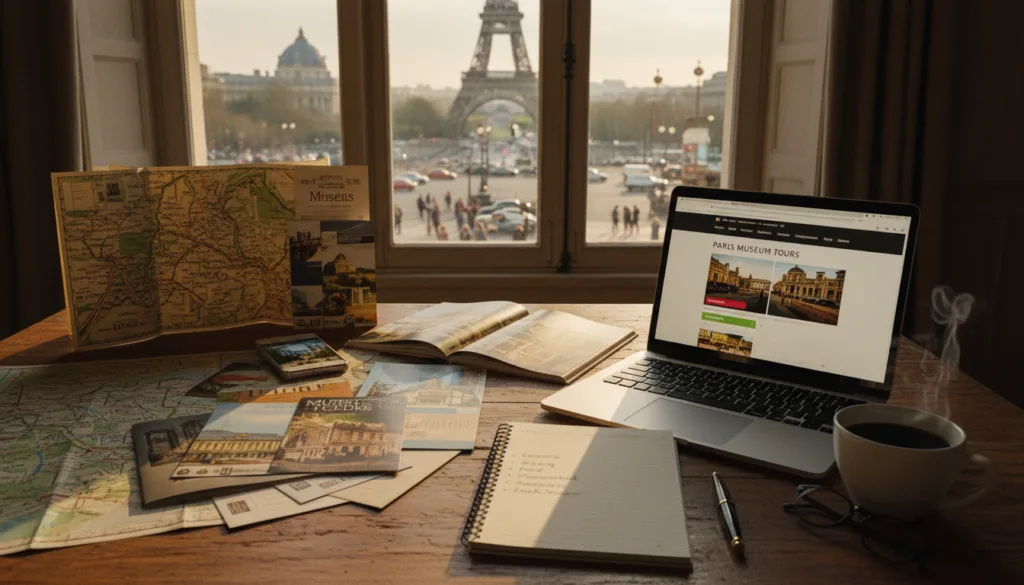 Un espace de travail parfaitement organisé, présentant un aperçu détaillé de la planification et de la réservation de visites de musées à Paris. Au premier plan, une table en bois poli est recouverte de plans de Paris, de brochures de musées et d'un ordinateur portable affichant un site de réservation. Une tasse de café fumante côtoie un bloc-notes rempli de notes manuscrites et d'une liste de musées. Au second plan, un guide de voyage et un smartphone sont posés près d'une vue pittoresque de la Tour Eiffel, baignée d'une douce lumière naturelle. À l'arrière-plan, la silhouette d'une rue parisienne évoque l'atmosphère d'une exploration citadine. L'ambiance générale est inspirante et propice à la réflexion, capturée avec une grande précision dans les textures et la qualité brute d'une photographie en résolution 8K, sublimée par un éclairage cinématographique qui souligne la chaleur et le caractère accueillant de cet espace de travail.