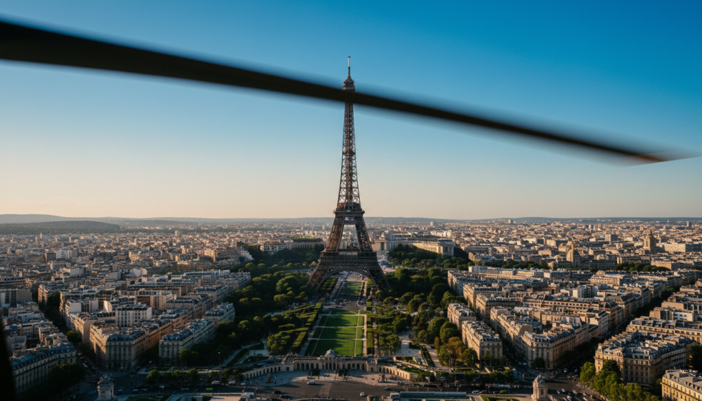 Aerial view of the Eiffel Tower taken from a luxury helicopter tour over Paris, showcasing the iconic structure surrounded by lush green parks and historic Parisian architecture. The foreground features the elegant silhouette of the helicopter's rotor blades, adding a sense of adventure. In the middle ground, the Eiffel Tower stands majestically against a vibrant blue sky, capturing the details of its intricate iron lattice design, with sunlight glinting off the metal. The background reveals a panoramic view of the Seine River meandering through the city, dotted with charming bridges and bustling streets. Cinematic lighting bathes the scene in a warm glow, enhancing the textures of the buildings and trees. The atmosphere is both exhilarating and luxurious, reflecting the essence of a premium helicopter experience in Paris. The image is captured in high resolution (8k) to bring out rich details and colors.