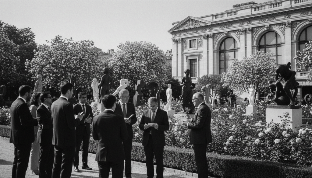 An elegant art museum tour in Paris, featuring a beautifully landscaped sculpture garden. In the foreground, a diverse group of art enthusiasts dressed in professional business attire engages with intricate sculptures, capturing their attention. The middle ground showcases a variety of stunning sculptures in various styles, surrounded by lush greenery and vibrant flowers that add life to the scene. In the background, the majestic museum building stands under a clear blue sky, enhancing the cultural ambiance. Cinematic lighting casts soft shadows, highlighting the textures of the sculptures and foliage. The overall atmosphere conveys a sense of inspiration and appreciation for art, inviting viewers to immerse themselves in this serene setting. The image portrays a raw photograph quality, meticulously detailed and in 8k resolution. An elegant art museum tour in Paris, featuring a beautifully landscaped sculpture garden. In the foreground, a diverse group of art enthusiasts dressed in professional business attire engages with intricate sculptures, capturing their attention. The middle ground showcases a variety of stunning sculptures in various styles, surrounded by lush greenery and vibrant flowers that add life to the scene. In the background, the majestic museum building stands under a clear blue sky, enhancing the cultural ambiance. Cinematic lighting casts soft shadows, highlighting the textures of the sculptures and foliage. The overall atmosphere conveys a sense of inspiration and appreciation for art, inviting viewers to immerse themselves in this serene setting. The image portrays a raw photograph quality, meticulously detailed and in 8k resolution.