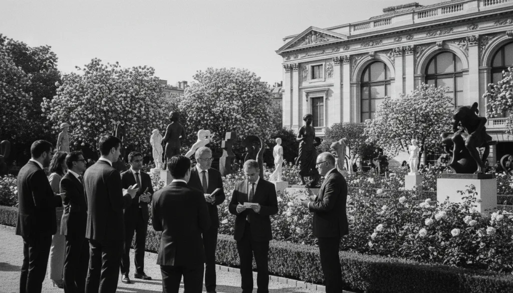 Une élégante visite d'un musée d'art parisien, avec son magnifique jardin de sculptures paysagé. Au premier plan, un groupe d'amateurs d'art, vêtus de tenues professionnelles, contemplent des sculptures complexes avec une attention particulière. Au second plan, une variété de sculptures saisissantes de styles différents sont mises en valeur par une végétation luxuriante et des fleurs éclatantes qui animent le paysage. À l'arrière-plan, le majestueux bâtiment du musée se dresse sous un ciel d'un bleu limpide, contribuant à l'atmosphère culturelle. Un éclairage cinématographique projette des ombres douces, soulignant les textures des sculptures et du feuillage. L'atmosphère générale inspire l'admiration et invite à la contemplation. L'image, d'une qualité photographique brute, est d'une précision méticuleuse et en résolution 8K.