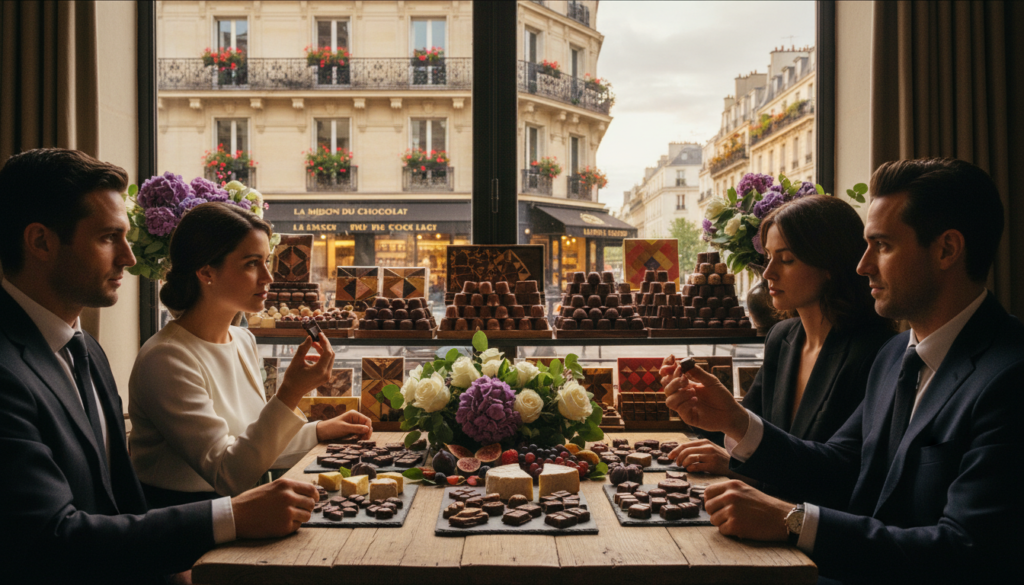 An elegant scene capturing a chocolate and food pairing tour in Paris. In the foreground, a diverse group of four people, dressed in professional business attire, taste exquisite chocolates paired with gourmet cheeses and fruits on a rustic wooden table adorned with fresh flowers. In the middle ground, an inviting chocolatier shop with charming displays of artisanal chocolate bars and truffles, showcasing intricate details and textures. The background features iconic Parisian architecture, such as wrought-iron balconies and flower-filled window boxes, under soft, golden sunset lighting that creates a warm and inviting atmosphere. The overall mood is sophisticated and indulgent, emphasizing the luxurious experience of chocolate tasting in the heart of Paris. Captured in stunning 8k resolution with cinematic lighting to highlight the textures and colors.