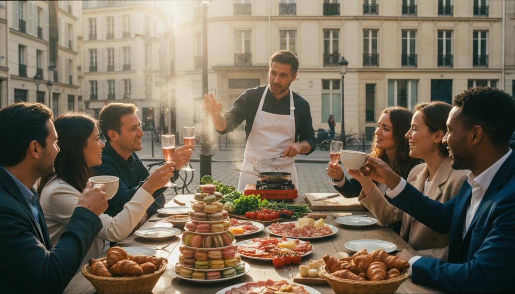 An inviting scene of a Parisian culinary tour, featuring a beautifully laid table with an array of exquisite dishes: colorful macarons, artfully arranged charcuterie, and steaming croissants. In the foreground, a diverse group of people in modest casual attire eagerly sampling various drinks, such as sparkling wine and freshly brewed coffee, their expressions filled with delight. The middle of the image showcases a charismatic chef demonstrating cooking techniques, surrounded by fresh ingredients like herbs and vegetables. The background reveals iconic Parisian architecture, bathed in warm, cinematic lighting, with soft shadows adding depth. The atmosphere is vibrant and joyful, capturing the essence of a unique food and drink experience in the heart of Paris. 8k resolution, rich textures, and detail enhance the overall visual impact. An inviting scene of a Parisian culinary tour, featuring a beautifully laid table with an array of exquisite dishes: colorful macarons, artfully arranged charcuterie, and steaming croissants. In the foreground, a diverse group of people in modest casual attire eagerly sampling various drinks, such as sparkling wine and freshly brewed coffee, their expressions filled with delight. The middle of the image showcases a charismatic chef demonstrating cooking techniques, surrounded by fresh ingredients like herbs and vegetables. The background reveals iconic Parisian architecture, bathed in warm, cinematic lighting, with soft shadows adding depth. The atmosphere is vibrant and joyful, capturing the essence of a unique food and drink experience in the heart of Paris. 8k resolution, rich textures, and detail enhance the overall visual impact.