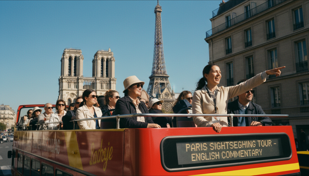 An open-top sightseeing bus filled with tourists enjoying an English-speaking tour in Paris. In the foreground, a diverse group of people dressed in modest casual clothing, attentively listening to a cheerful guide pointing out iconic landmarks. The bus is vibrantly colored, showcasing its design against the backdrop of famous Parisian architecture, such as the Eiffel Tower and Notre-Dame Cathedral, visible in the middle ground. The background features a clear blue sky, creating a warm and inviting atmosphere. The scene is captured in a raw photograph style, utilizing cinematic lighting to enhance the textures of the bus and buildings, all in stunning 8k resolution, providing a lively and engaging impression of exploring Paris by bus.