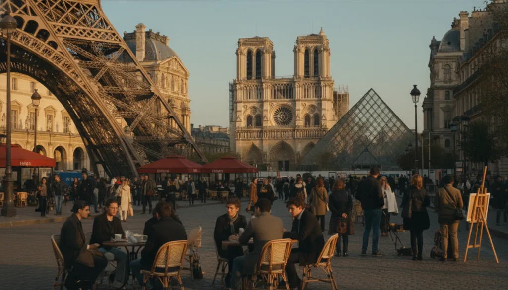 Crea una imagen visualmente impactante que muestre las atracciones turísticas imprescindibles de París, organizadas por barrios. En primer plano, destaca la icónica Torre Eiffel rodeada de animados cafés y parisinos disfrutando del día. En el plano medio, representa la histórica Catedral de Notre-Dame y las encantadoras calles de Montmartre, con artistas pintando al aire libre. Al fondo, ilustra la grandeza del Museo del Louvre con su pirámide de cristal brillando bajo la luz del sol. Utiliza iluminación cinematográfica para realzar la atmósfera, creando cálidos tonos dorados propios de una tarde de verano. Captura esta escena en resolución 8K con texturas de gran detalle y una profundidad de campo reducida para centrar la atención en las atracciones, manteniendo un ambiente animado y acogedor que encarne la esencia de París como centro cultural.