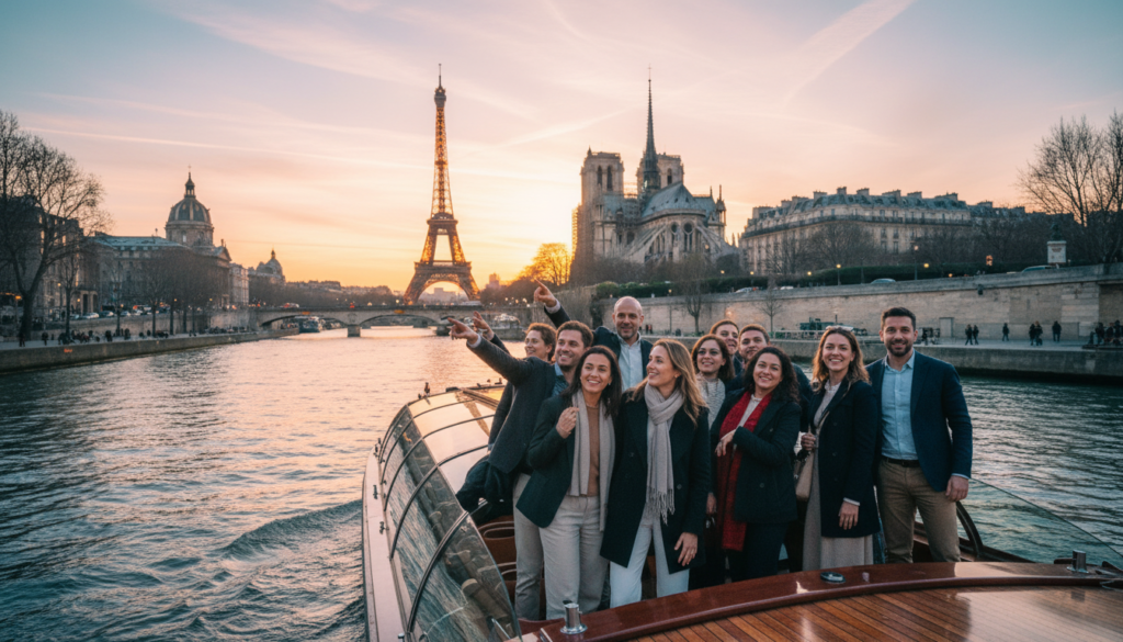 Group Seine River cruise with a diverse group of tourists dressed in smart casual attire, enjoying the picturesque scenery. In the foreground, the riverboat glides smoothly over the shimmering water. In the middle ground, the illuminated Eiffel Tower and Notre-Dame Cathedral rise majestically against the warm hues of the sunset, their reflections dancing in the Seine. The background features the iconic Parisian skyline, blending with soft pastel clouds. Capture the cinematic lighting that enhances the golden and pink tones of the sky, creating a serene atmosphere. Use an eye-level perspective to bring viewers into the scene, showcasing the vibrant life along the river as the day transitions into evening. The image should be highly detailed, in 8k resolution, emphasizing the textures of the architecture and the gentle ripples of the water.