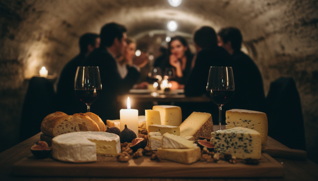 In a dimly lit, enchanting cave à vin, a beautifully set rustic wooden table is adorned with an array of artisanal cheeses and elegantly poured glasses of rich red wine. The foreground features a close-up of a creamy Brie, sharp aged Comté, and tangy Roquefort, accompanied by fresh bread and garnished with figs and nuts, all under soft, warm candlelight creating a cozy atmosphere. In the middle ground, blurred silhouettes of people in smart casual attire engage in conversation, savoring the wine and cheese pairings. The background reveals textured cave walls illuminated by soft, ambient lighting, enhancing the intimate and exclusive feel. The composition is shot with a shallow depth of field, capturing the luxurious details in stunning 8k resolution, evoking a sense of discovery and indulgence within a hidden gem of Paris.